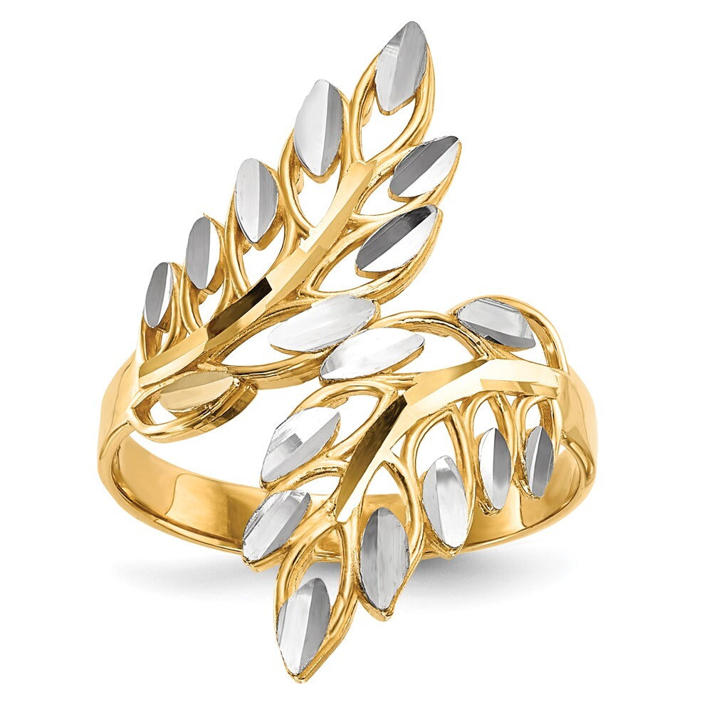 14K Yellow Gold w/ White Rhodium Diamond-cut Leaves Ring Size 7