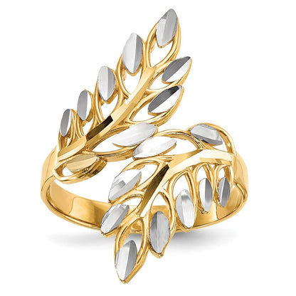 14K Yellow Gold w/ White Rhodium Diamond-cut Leaves Ring Size 7