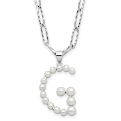 Sterling Silver 3-5.5mm White Button Cultured Pearl LETTER G Necklace 18"