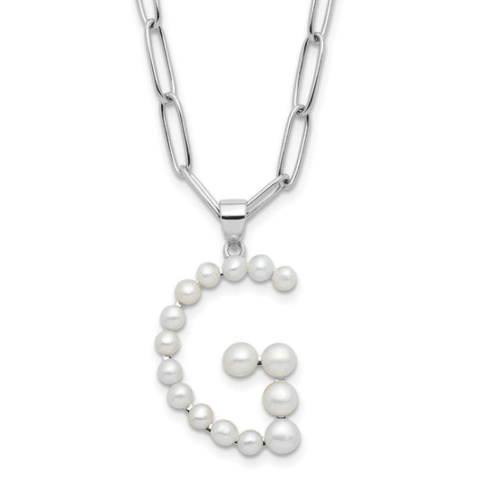 Sterling Silver 3-5.5mm White Button Cultured Pearl LETTER G Necklace 18"