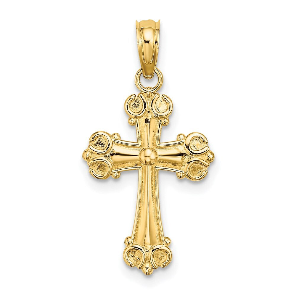 14k Yellow Gold Cross  Scroll Tips and Button Center Charm Pendant for Women