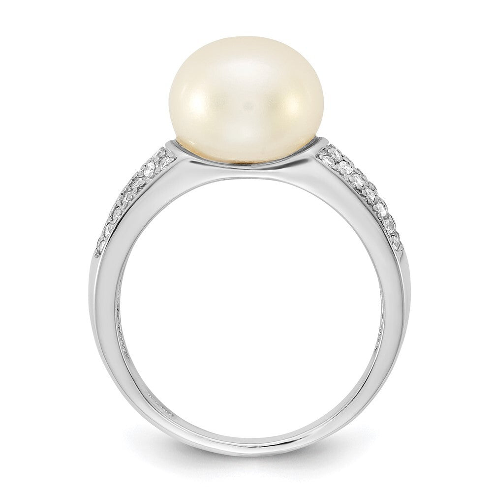 Sterling Silver 9-10mm White Button Freshwater Cultured Pearl and CZ Ring Size 8