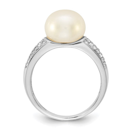 Sterling Silver 9-10mm White Button Freshwater Cultured Pearl and CZ Ring Size 8