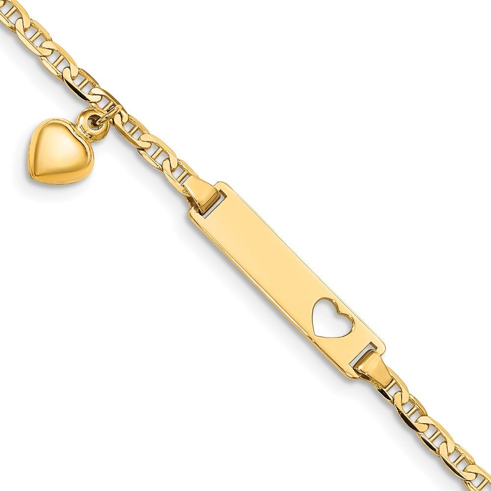 14k Yellow Gold Solid Heart Dangle Anchor Link 22x5mm Plate 5.5" ID Bracelet