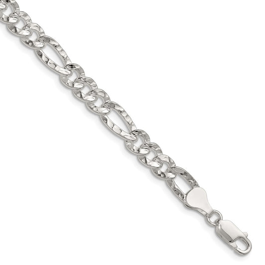 Sterling Silver 6.3mm Hammered Figaro Chain Bracelet