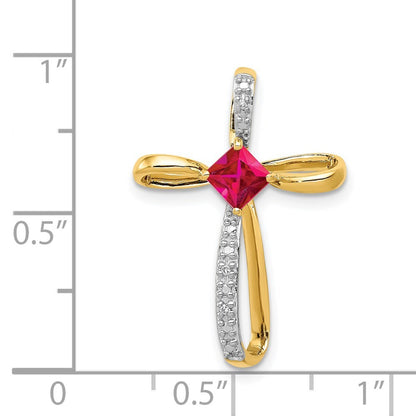 14k Yellow Gold and Rhodium Lab Created Ruby and Diamond Cross Slide Pendant