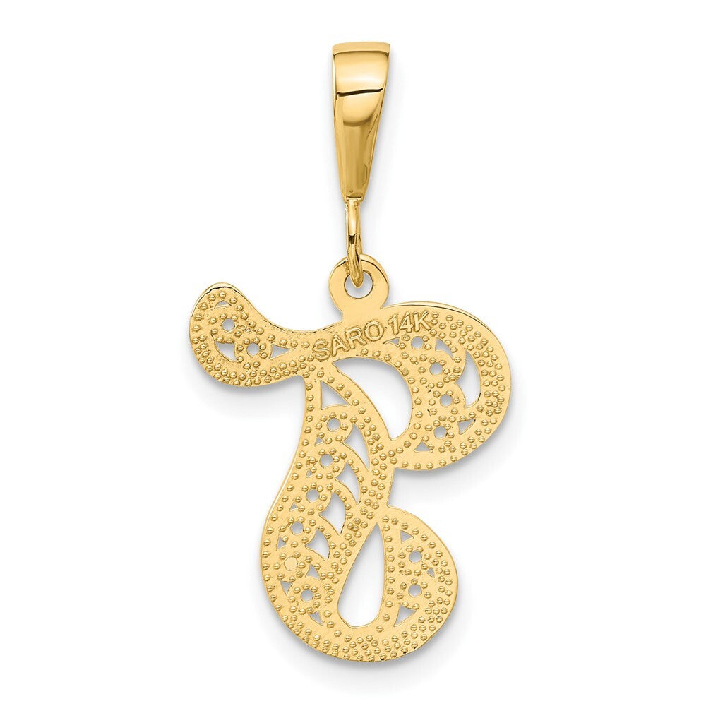 14k Yellow Gold Polished Script Filigree Letter T Initial Pendant for Women