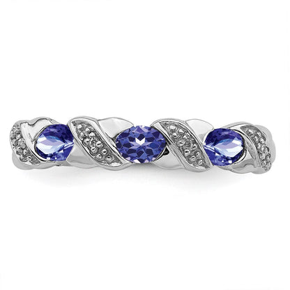 Sterling Silver Rhodium Tanzanite & Diamond Ring Size 6