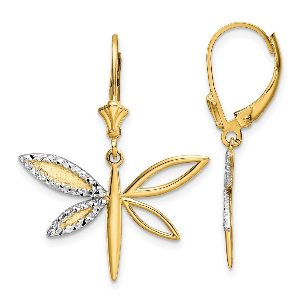 14k Yellow Gold & White Rhodium Diamond-Cut Dragonfly Drop Dangle Earrings