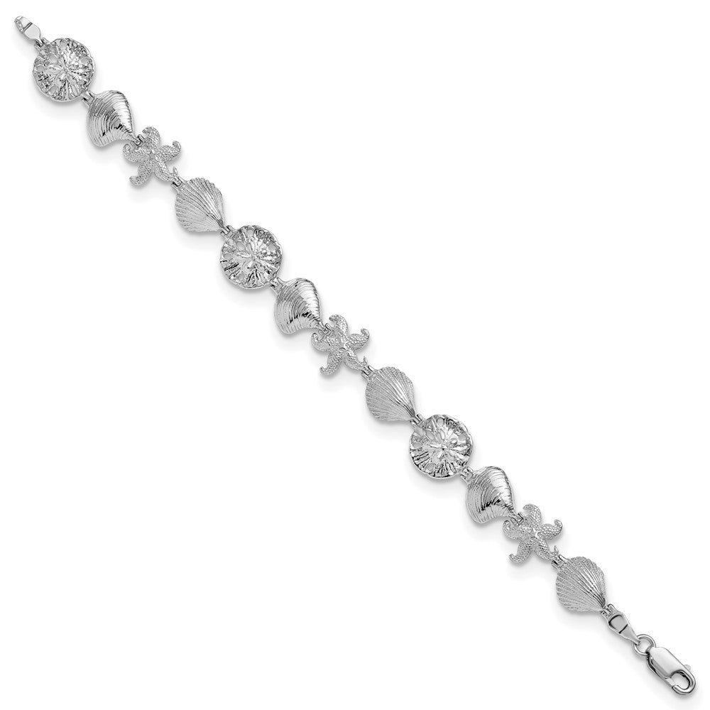 Sterling Silver Rhodium-Plated Polished Starfish / Shells / Sand Dollar Bracelet