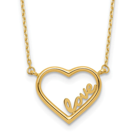 14k Yellow Gold  Open Heart with LOVE Inside 17" Necklace Plus 0.5" Extender