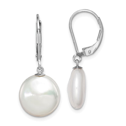 Sterling Silver 12-13mm Coin Freshwater Cultured Pearl Leverback Dangle Earrings