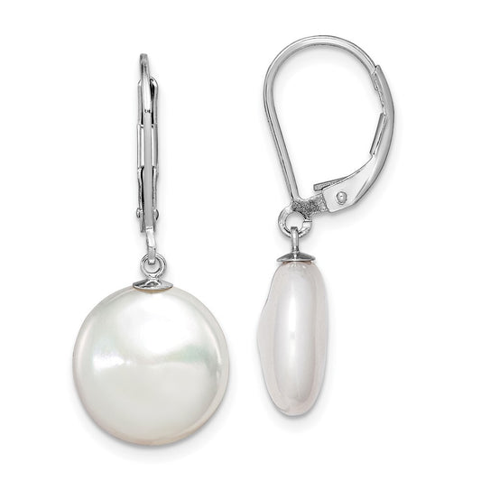 Sterling Silver 12-13mm Coin Freshwater Cultured Pearl Leverback Dangle Earrings