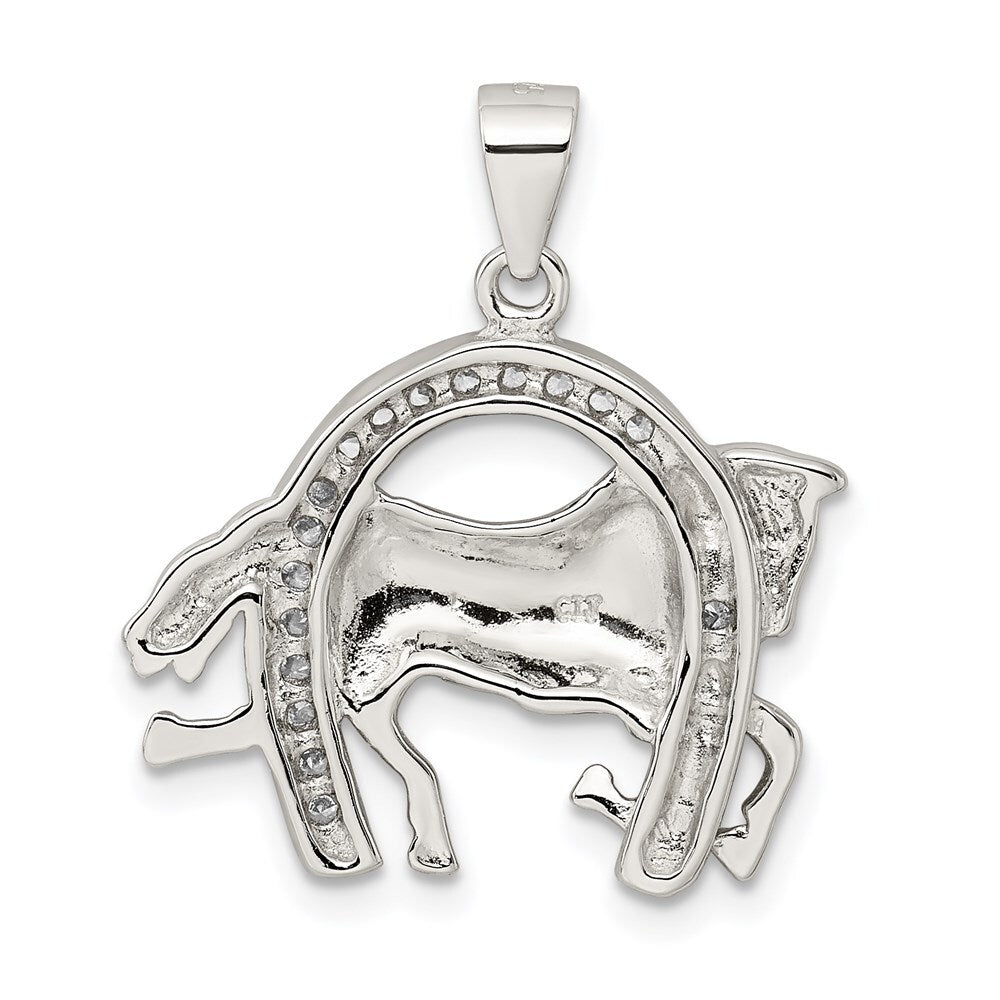 Sterling Silver Rhodium-plated Horse & Horseshoe Cubic Zirconia Pendant