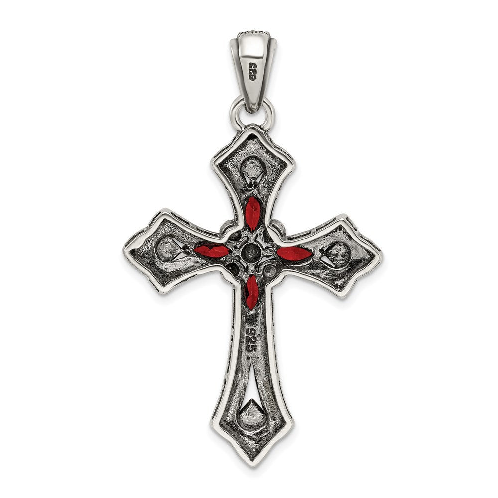 Sterling Silver Antiqued Red Marquise Cubic Zirconia Marcasite Cross Pendant