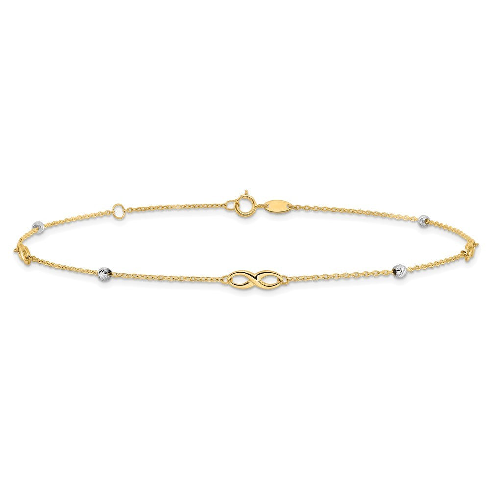 14K Two-Tone Diamond-cut Beads and Infinity 11" Anklet