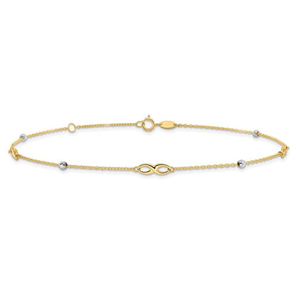 14K Two-Tone Diamond-cut Beads and Infinity 11" Anklet