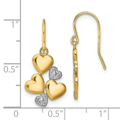 14k Yellow Gold w/Rhodium Polished Hearts Drop Dangle Earrings w/ Shepherd Hook
