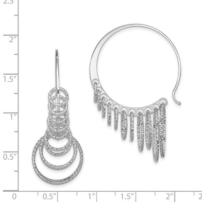 Sterling Silver Rhodium-plated Diamond-cut Graduated Circle Dangle Hoop Earrings