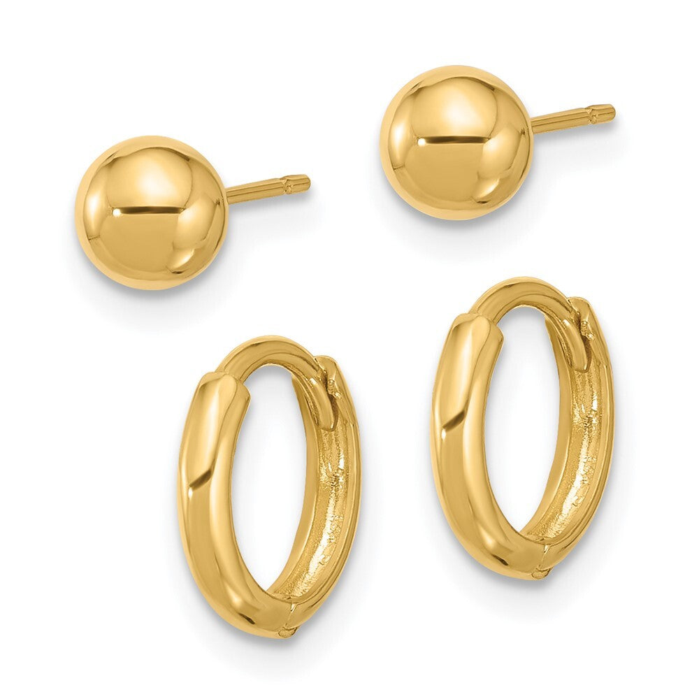 14k Yellow Gold Polished 5mm Ball and Hinged Hoop Earring Set Gift for Women