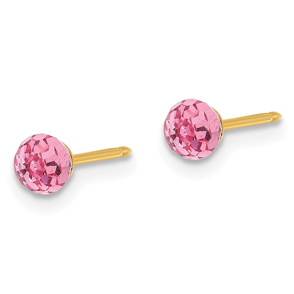 14k Yellow Gold Polished 4mm Pink Crystal Faceted Ball Earrings