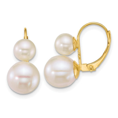 14k Yellow Gold Polished 6-9mm Freshwater Cultured 2-Pearl Leverback Earrings