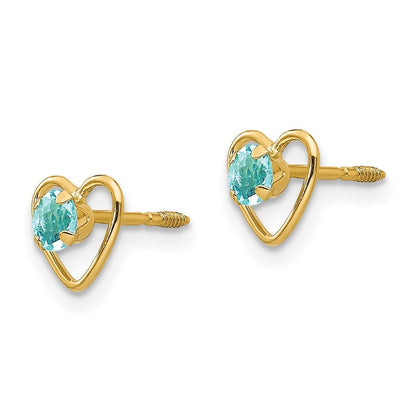 14k Yellow Gold 3mm Genuine Aquamarine Birthstone Heart Earrings