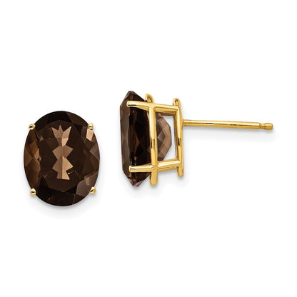 14k Yellow Gold 10x8 Oval Smoky Quartz Stud Earrings