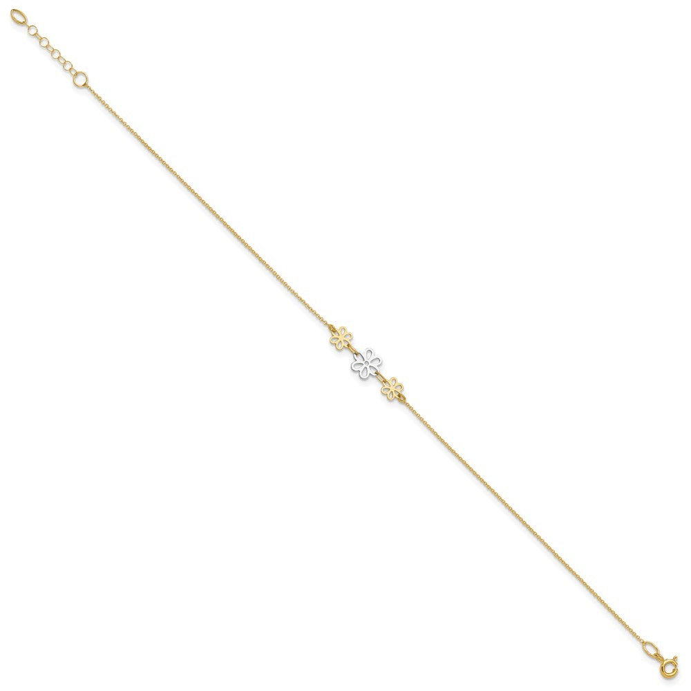 14K Two-tone Polished Three Cut-out Flowers 10" Anklet