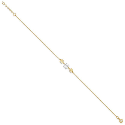 14K Two-tone Polished Three Cut-out Flowers 10" Anklet