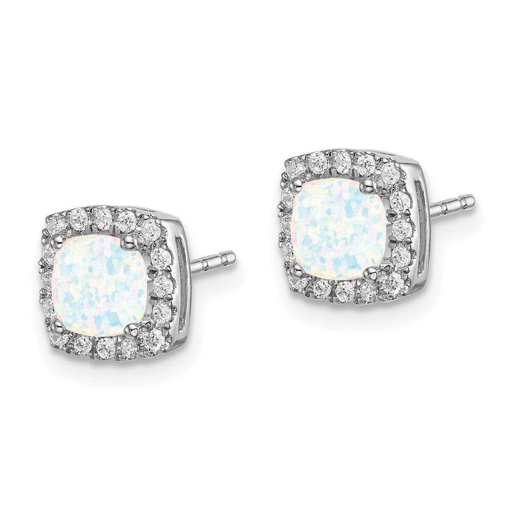 14k White Gold Cushion Created Opal and Diamond Halo Stud Earrings
