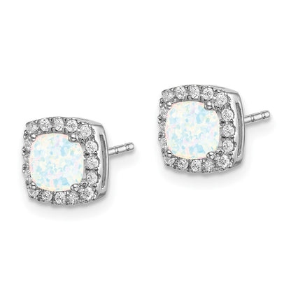 14k White Gold Cushion Created Opal and Diamond Halo Stud Earrings