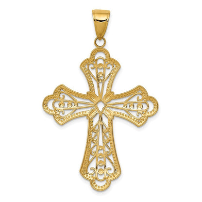 14k Yellow Gold w Rhodium Diamond-cut Filigree Cut-out Cross Pendant