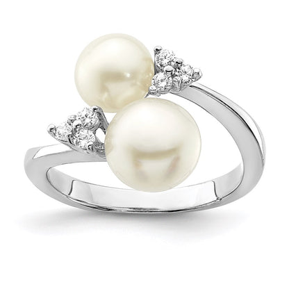 Sterling Silver 8-9mm White Button Freshwater Cultured Pearl and CZ Ring