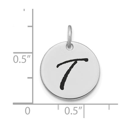 14K White Polished Black Enamel Letter T Initial Disk Charm