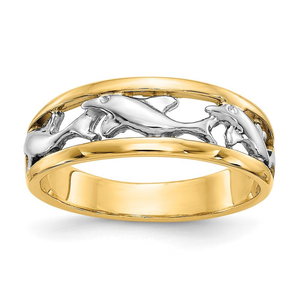 14K Yellow Gold With Rhodium Dolphin Ring