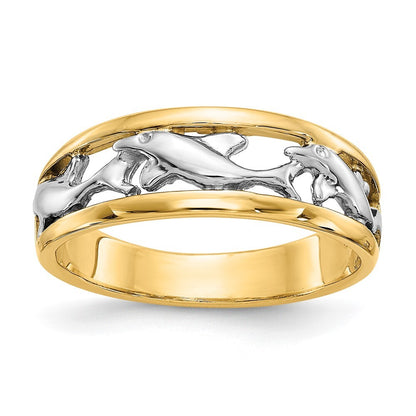 14K Yellow Gold With Rhodium Dolphin Ring
