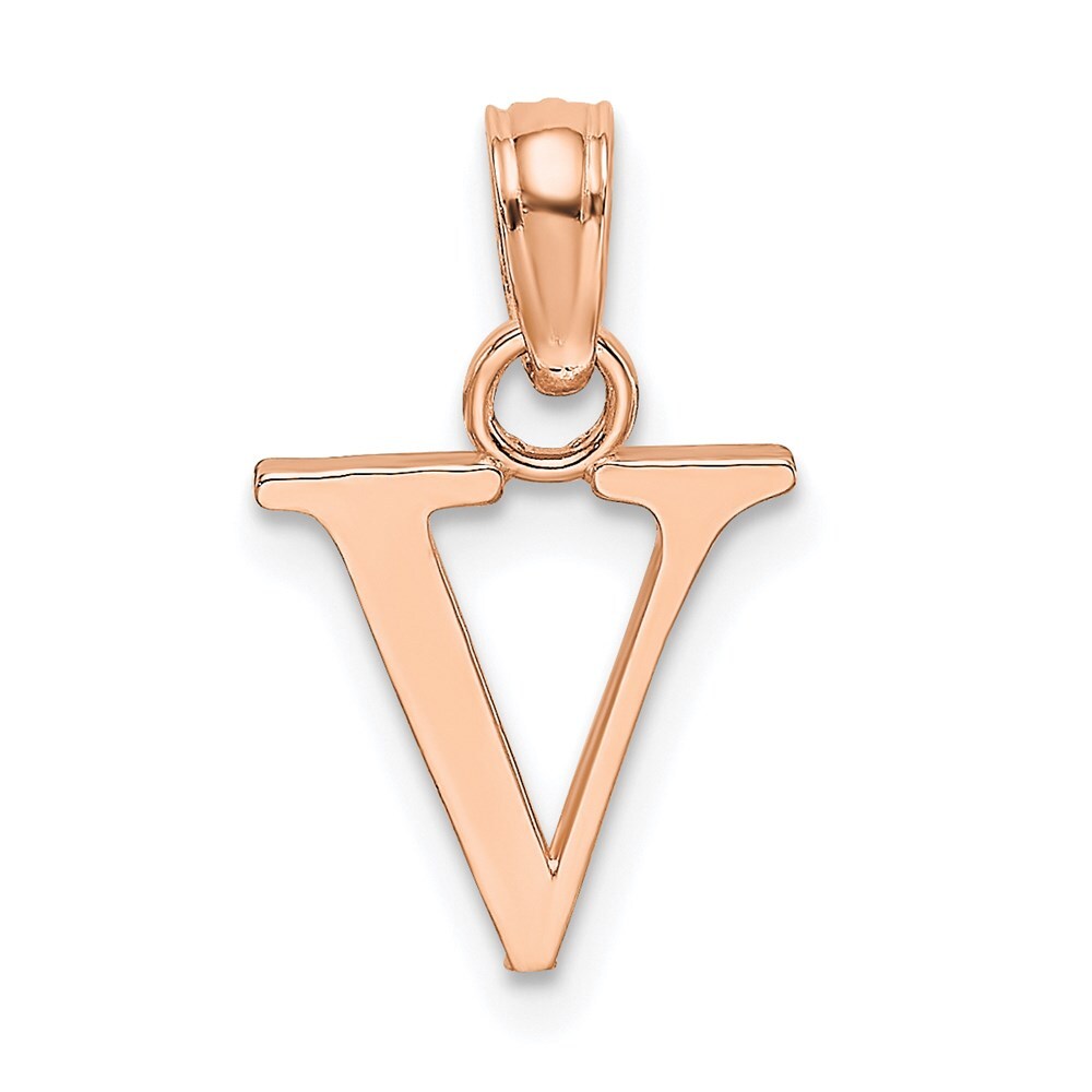 14k Rose Gold Polished Block Letter V Initial Pendant for Women
