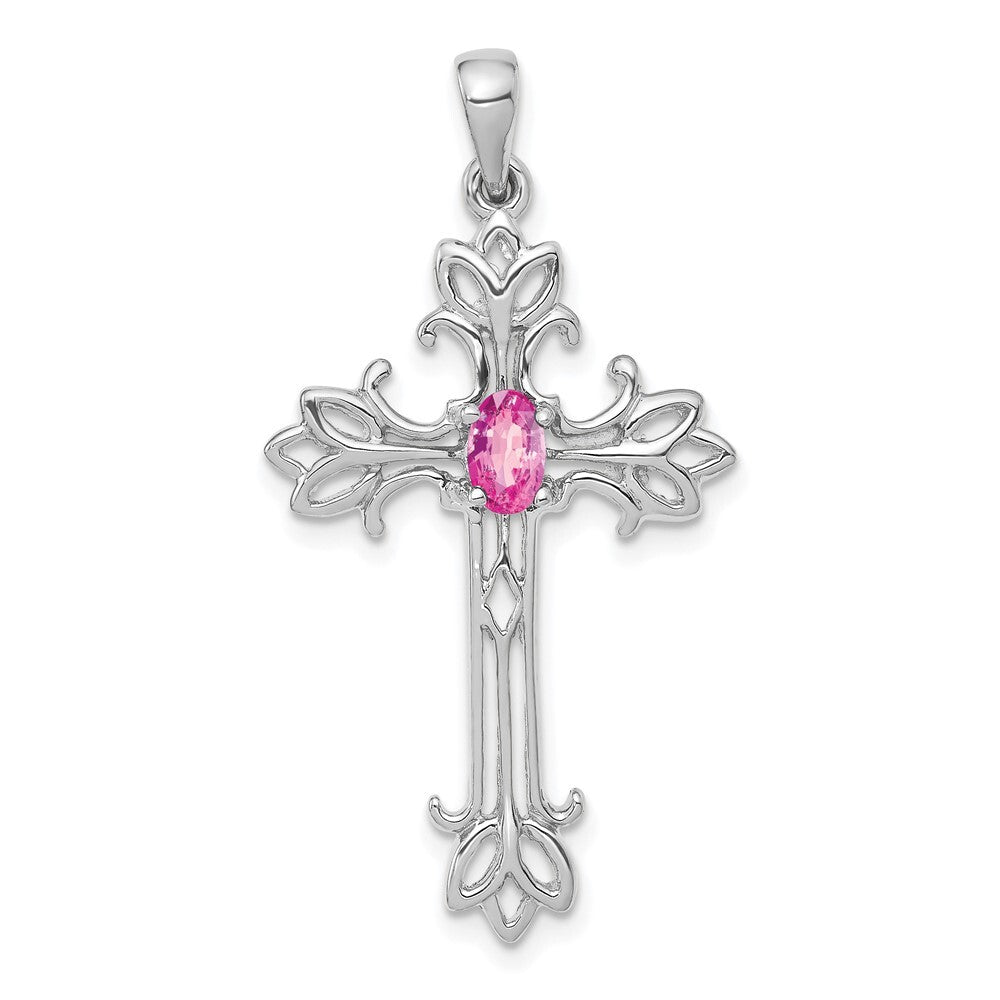 14k White Gold 5x3mm Oval Pink Sapphire cross pendant for Women