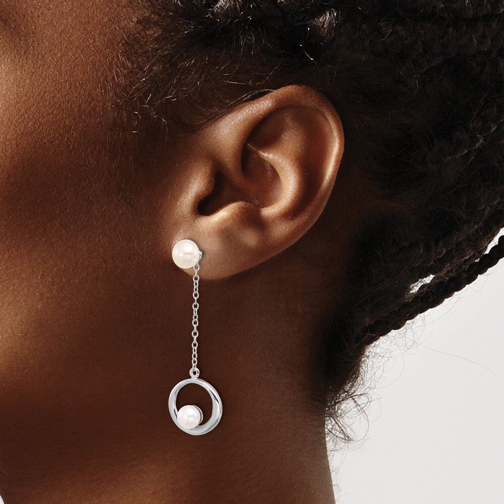 Sterling Silver 5-7mm White Button Cultured Pearl Post Dangle Earrings