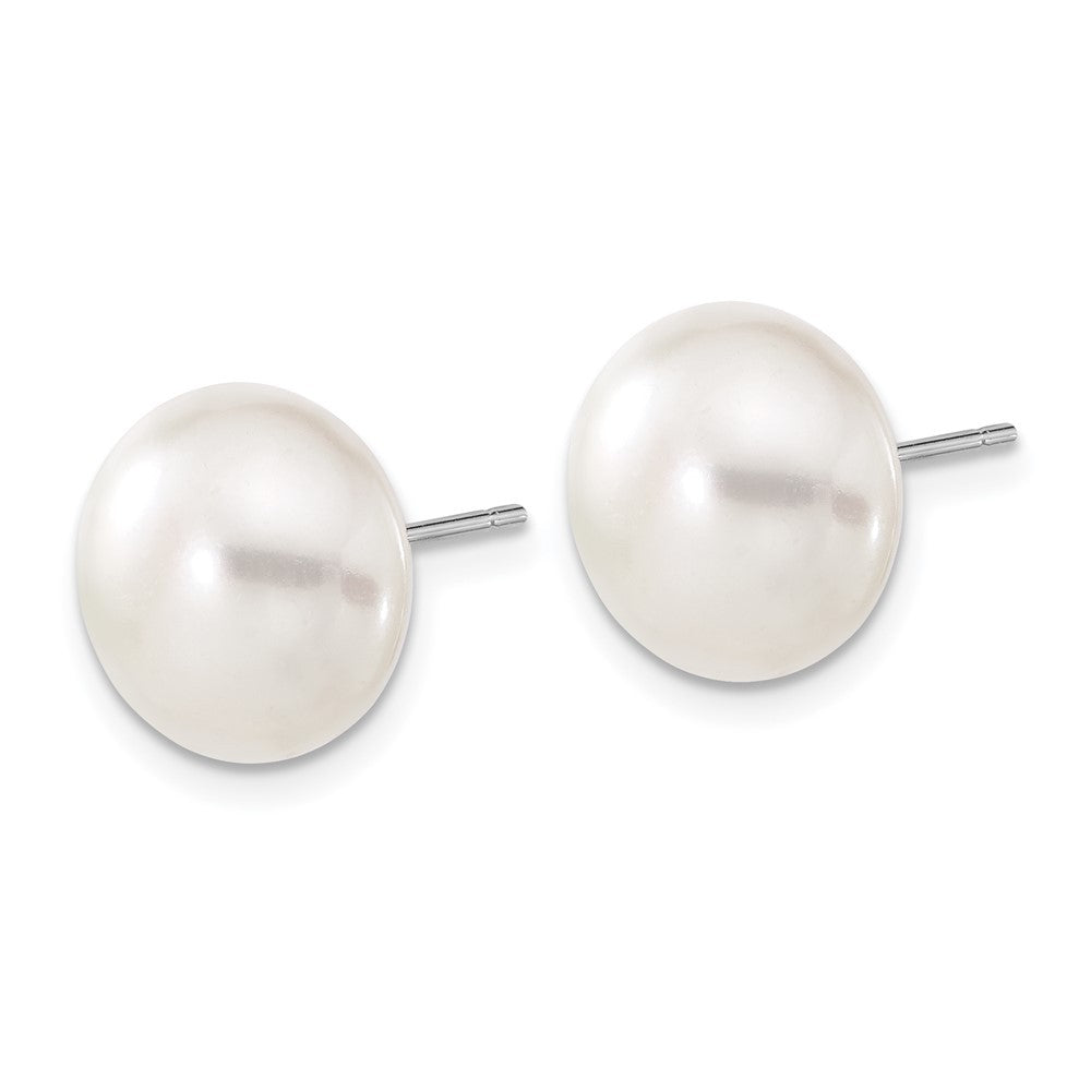 14k White Gold 11-12mm White Button Freshwater Cultured Pearl Stud Earrings
