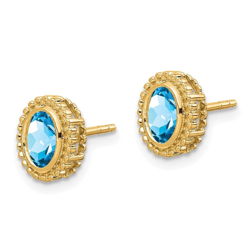 14k Yellow Gold Oval Blue Topaz Stud Earrings Gift for Women