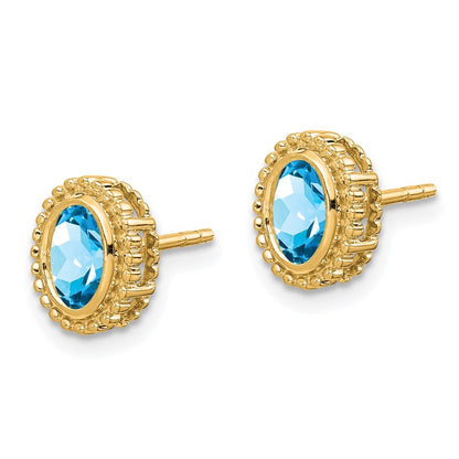 14k Yellow Gold Oval Blue Topaz Stud Earrings Gift for Women