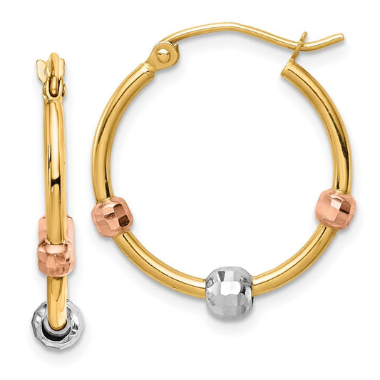 14k Tri-color Polished with Diamond-Cut Beads Hoop Earrings