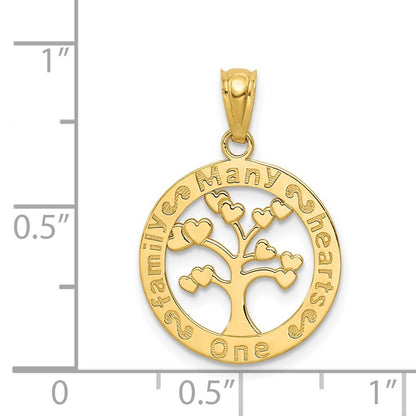 14k Yellow Gold Polished ONE FAMILY MANY HEARTS Tree Pendant for Women