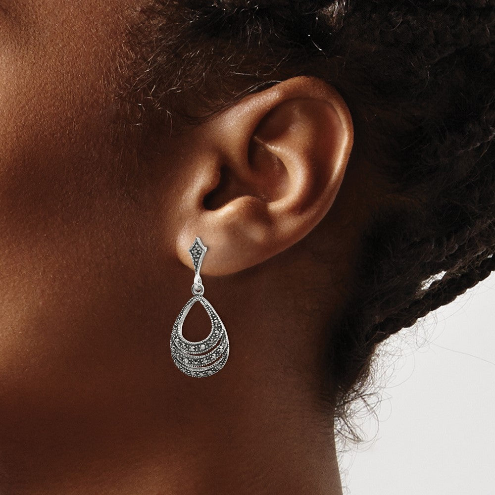 Sterling Silver RH-plated Textured Marcasite Teardrop Dangle Earrings