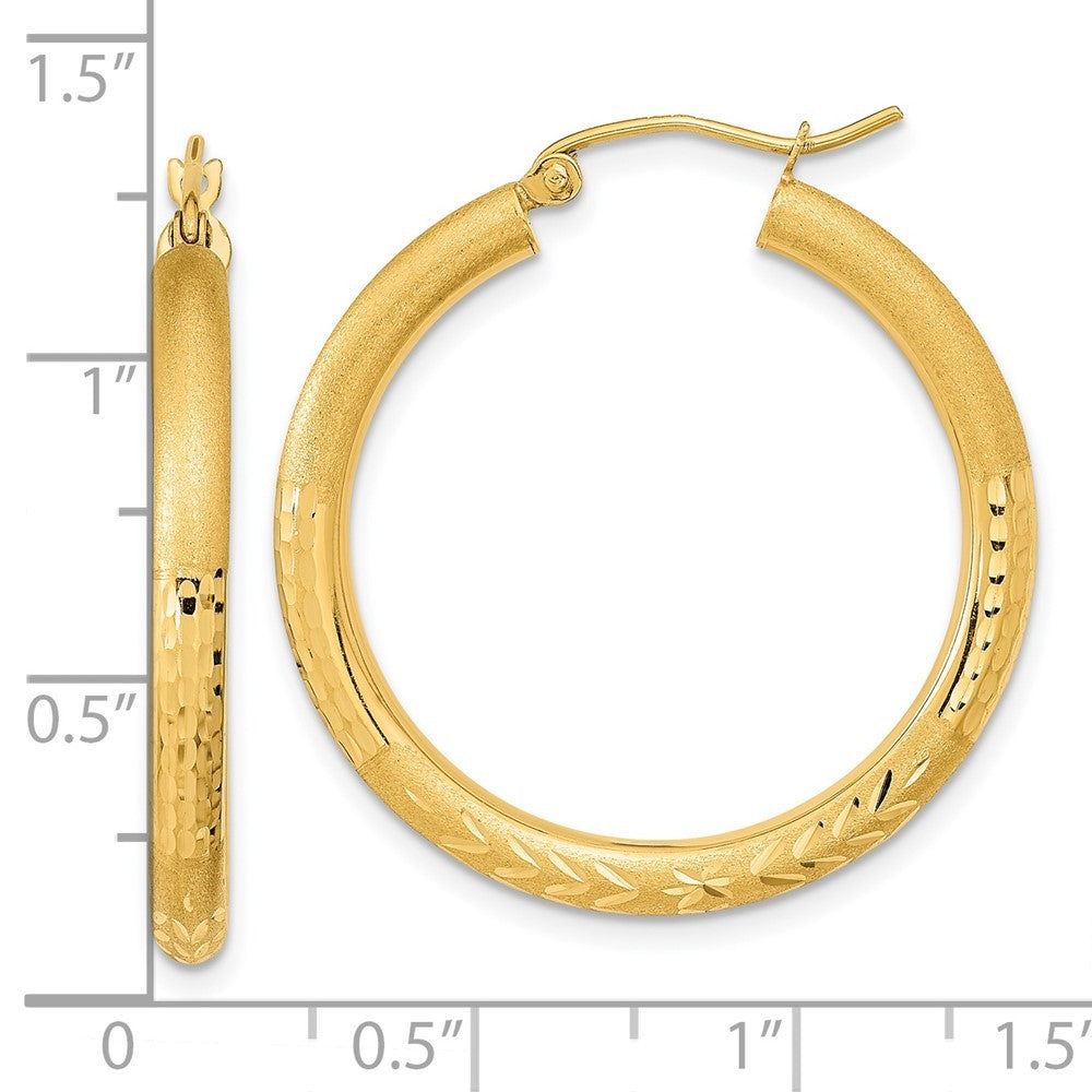 14k Yellow Gold Polished Satin and Diamond-cut Hoop Earrings