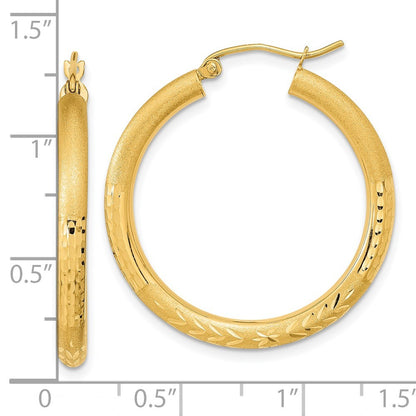 14k Yellow Gold Polished Satin and Diamond-cut Hoop Earrings