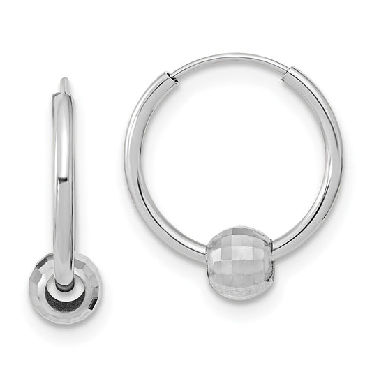 14K White Gold Polished Hoop with a Diamond Cut Ball Earrings Gift for Women