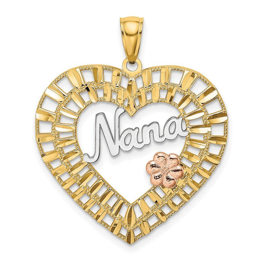 14k Two-tone Gold White Rhodium NANA Heart Flowers Charm Pendant